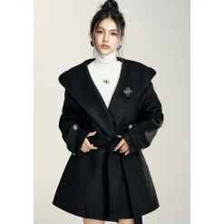 MacyMccoy Lace-Up Hooded Tweed Coat Black