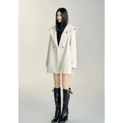 MacyMccoy Lace-Up Hooded Tweed Coat White