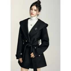 MacyMccoy Lace-Up Hooded Tweed Coat Black