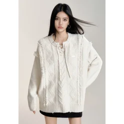 MacyMccoy Lace-Up Raw Edge Silhouette Sweater White