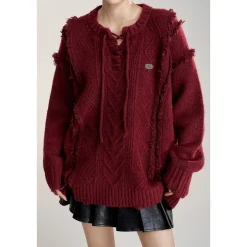 MacyMccoy Lace-Up Raw Edge Silhouette Sweater Red