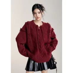 MacyMccoy Lace-Up Raw Edge Silhouette Sweater Red