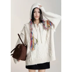 MacyMccoy Lace-Up Raw Edge Silhouette Sweater White