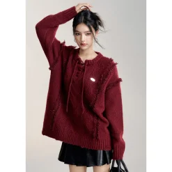 MacyMccoy Lace-Up Raw Edge Silhouette Sweater Red
