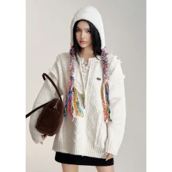 MacyMccoy Lace-Up Raw Edge Silhouette Sweater White