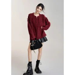 MacyMccoy Lace-Up Raw Edge Silhouette Sweater Red