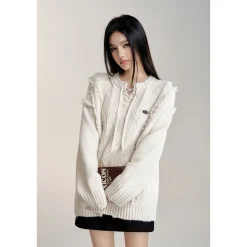 MacyMccoy Lace-Up Raw Edge Silhouette Sweater White
