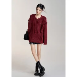 MacyMccoy Lace-Up Raw Edge Silhouette Sweater Red