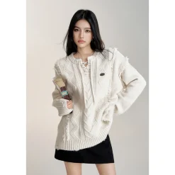 MacyMccoy Lace-Up Raw Edge Silhouette Sweater White