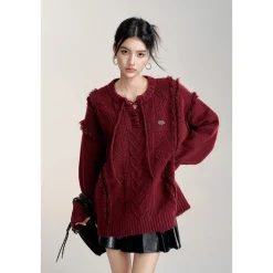 MacyMccoy Lace-Up Raw Edge Silhouette Sweater Red