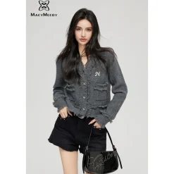 MacyMccoy Logo Destroyed Tassel Knit Cardigan