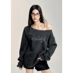 MacyMccoy Off-Shoulder Rivet Loose Sweater Top
