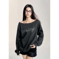 MacyMccoy Off-Shoulder Rivet Loose Sweater Top
