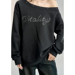MacyMccoy Off-Shoulder Rivet Loose Sweater Top