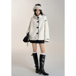 MacyMccoy Patchwork Leather Fleece Jacket White