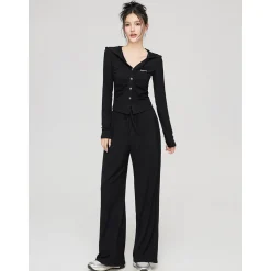MacyMccoy Pleated Draped Knit Short Top And Wide-Leg Pants Set Black