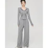 MacyMccoy Pleated Draped Knit Short Top And Wide-Leg Pants Set Gray
