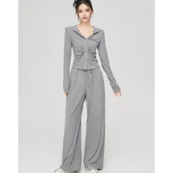 MacyMccoy Pleated Draped Knit Short Top And Wide-Leg Pants Set Gray