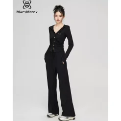 MacyMccoy Pleated Draped Knit Short Top And Wide-Leg Pants Set Black