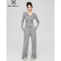 MacyMccoy Pleated Draped Knit Short Top And Wide-Leg Pants Set Gray