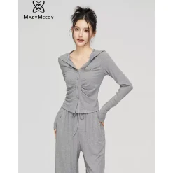MacyMccoy Pleated Draped Knit Short Top And Wide-Leg Pants Set Gray