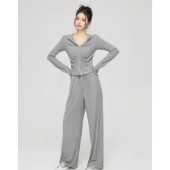 MacyMccoy Pleated Draped Knit Short Top And Wide-Leg Pants Set Gray
