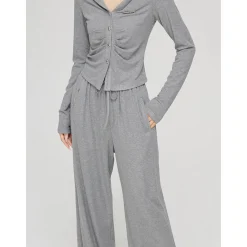 MacyMccoy Pleated Draped Knit Short Top And Wide-Leg Pants Set Gray