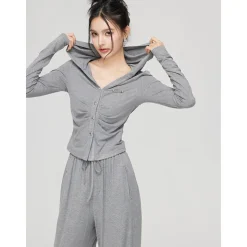 MacyMccoy Pleated Draped Knit Short Top And Wide-Leg Pants Set Gray