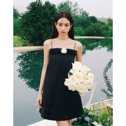 Marc Moore Camellia Jewelled Halter Ruffled Dress Black