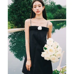 Marc Moore Camellia Jewelled Halter Ruffled Dress Black