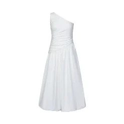 Marc Moore Diagonal Shoulder Long Pleated Dress White