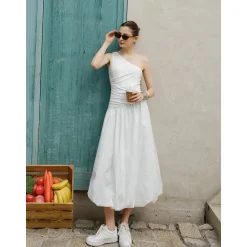 Marc Moore Diagonal Shoulder Long Pleated Dress White