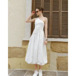 Marc Moore Diagonal Shoulder Long Pleated Dress White
