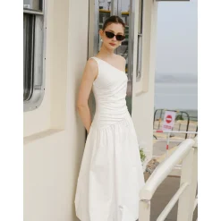 Marc Moore Diagonal Shoulder Long Pleated Dress White