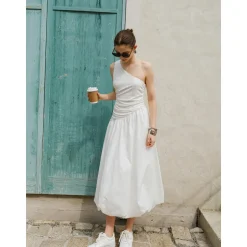 Marc Moore Diagonal Shoulder Long Pleated Dress White