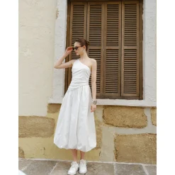 Marc Moore Diagonal Shoulder Long Pleated Dress White