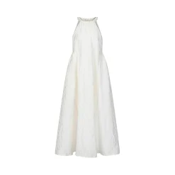 Marc Moore Hand Beaded Halter Jacquard Pleated Long Dress White