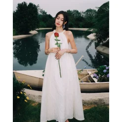 Marc Moore Hand Beaded Halter Jacquard Pleated Long Dress White