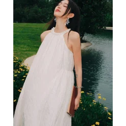 Marc Moore Hand Beaded Halter Jacquard Pleated Long Dress White