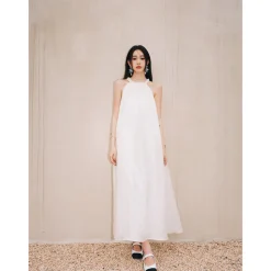 Marc Moore Hand Beaded Halter Jacquard Pleated Long Dress White
