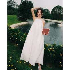 Marc Moore Hand Beaded Halter Jacquard Pleated Long Dress White