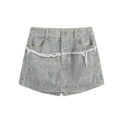 Marc Moore Retro Denim Printed Raw Edge Skirt Grey