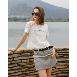 Marc Moore Retro Denim Printed Raw Edge Skirt Grey