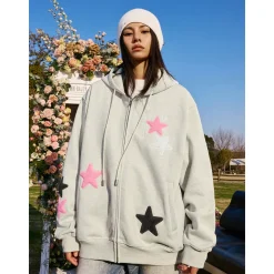 MEDM Embroidery Stars Zip Up Hoodie Gray