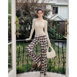 MeliMosa Kitty Printed Plaid Pocket Pants