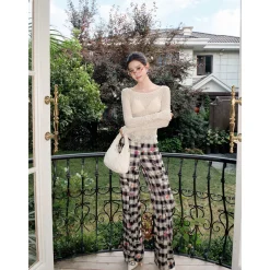 MeliMosa Kitty Printed Plaid Pocket Pants