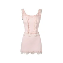 MeliMosa Lace Knit Sleeveless Vest And Skirt Set Pink