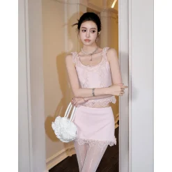 MeliMosa Lace Knit Sleeveless Vest And Skirt Set Pink