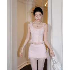 MeliMosa Lace Knit Sleeveless Vest And Skirt Set Pink