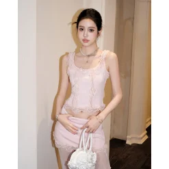 MeliMosa Lace Knit Sleeveless Vest And Skirt Set Pink